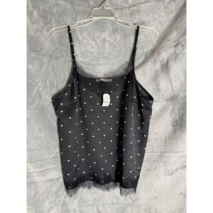 LOFT Black Polka Dot Lace Trim Camisole Top Adjustable Straps‎ NWT Size L